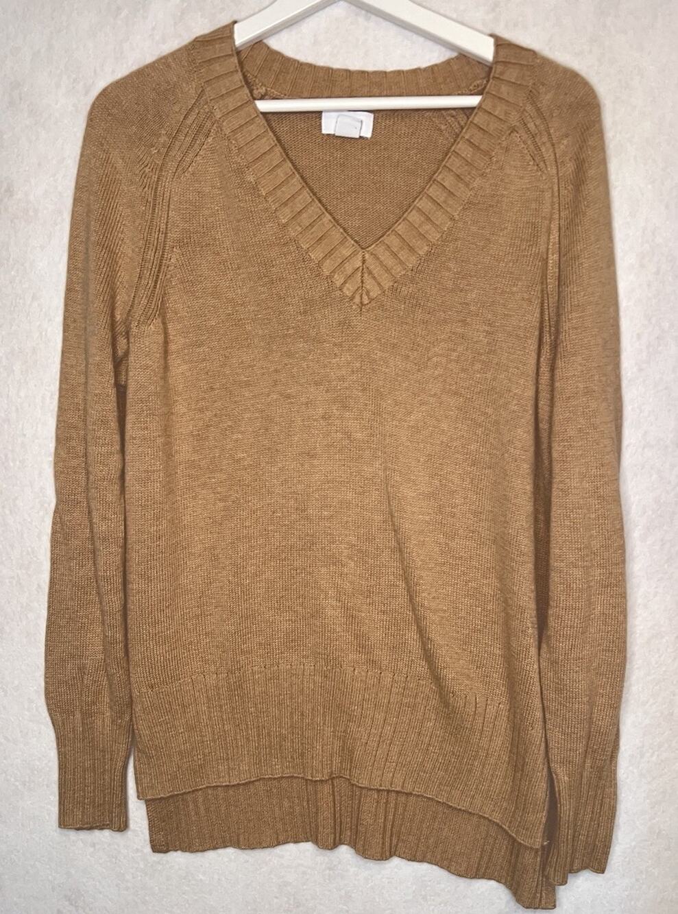 Old Navy Women's V Neck Long Sleeve Sweater Tan M High Low Wide Band Loose
